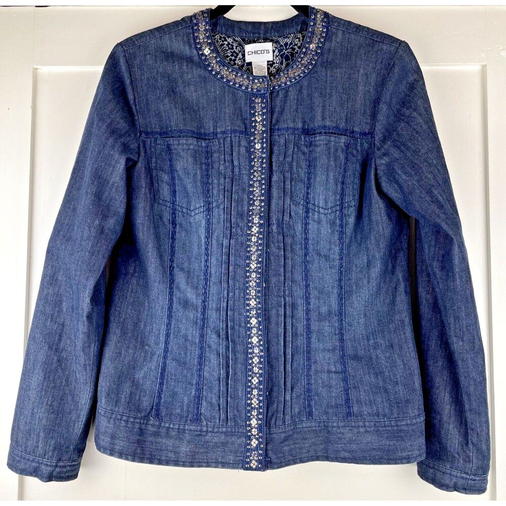 Chico's Embellished Denim Jacket Women's 0 ( S/4 ) Indigo Blue Trinket Stitch